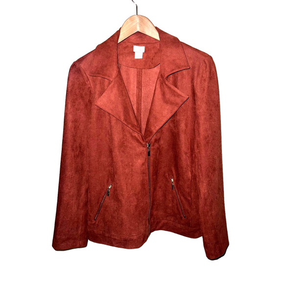 Chico's (2) Size 12 Large Moto Jacket Faux Suede Rust Fawn Brown Gold-Tone Zip - Picture 3 of 12